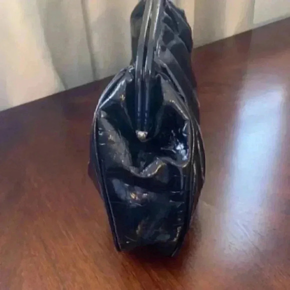 Vintage Black Patent Clutch Handbag Faux Leather Top Handle Bag Purse - Picture 5 of 12